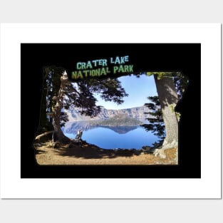 Oregon State Outline (Crater Lake & Wizard Island) Posters and Art